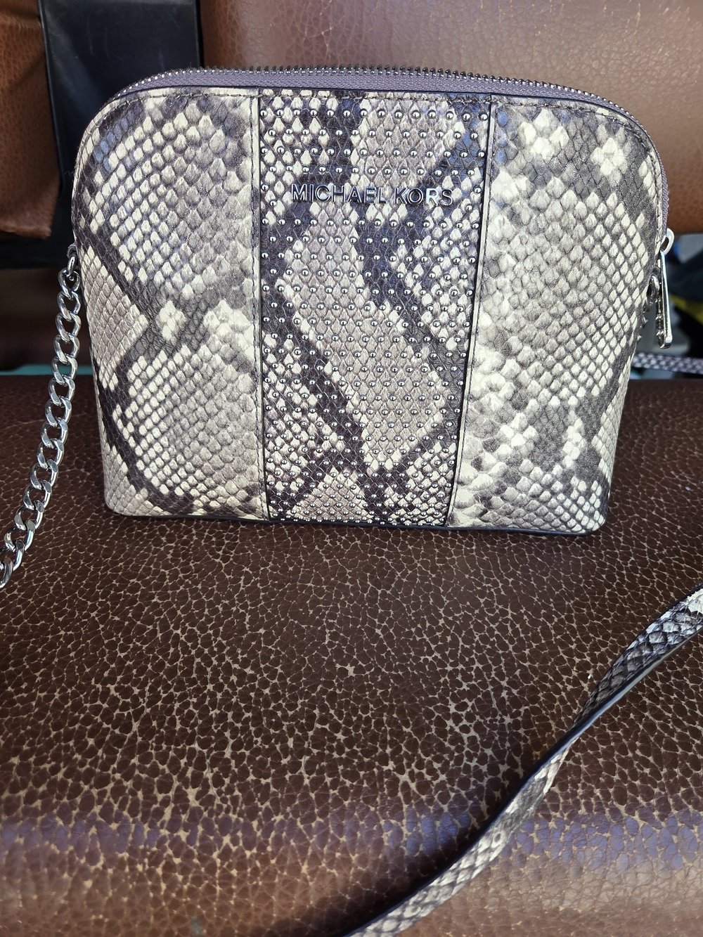 Michael Kors Snake-Embossed Crossbody in Taupe and Cream